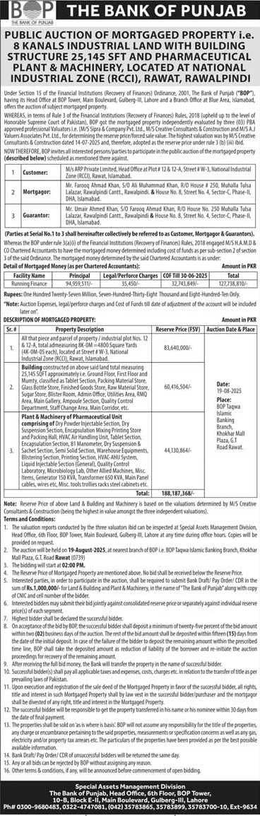 The Bank of Punjab Lahore Tender Notice